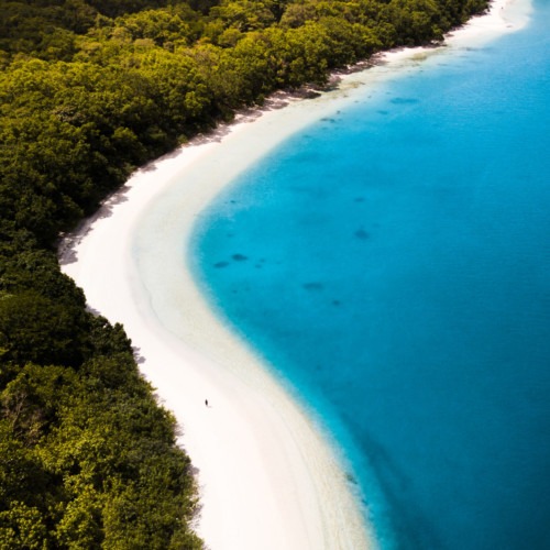 plage sable blanc eau bleau turquoise jungle drone